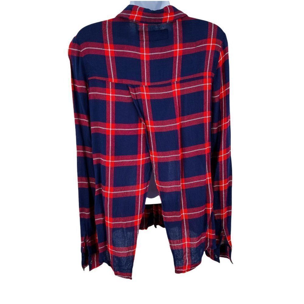 Blue Rain Plaid Open Back Button Up Long Sleeve Shirt Small - Picture 2 of 7